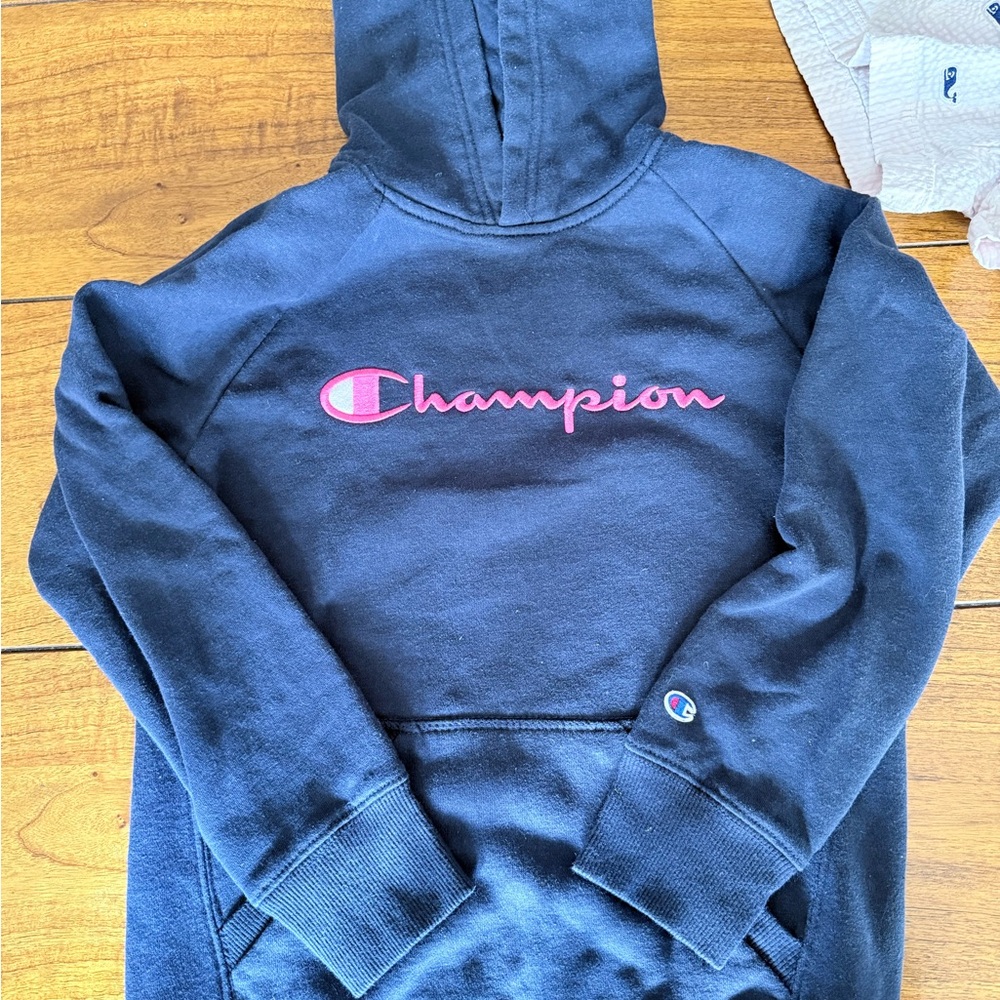 Champion Navy Hoodie with Pink Logo